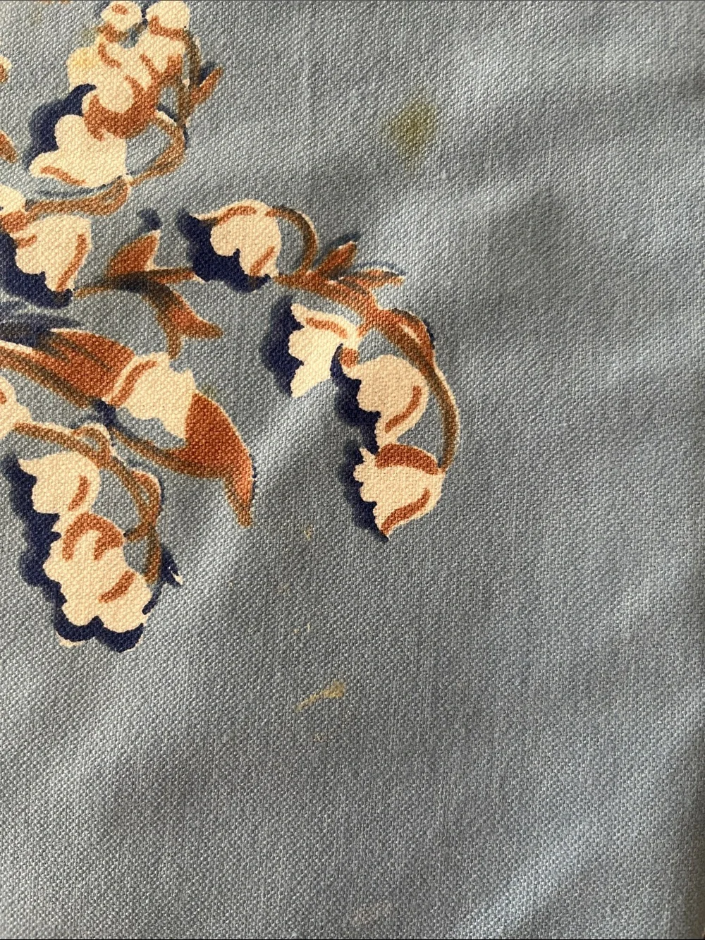 Vintage Blue and Cream Floral Border Tablecloth, approx 59”x79”